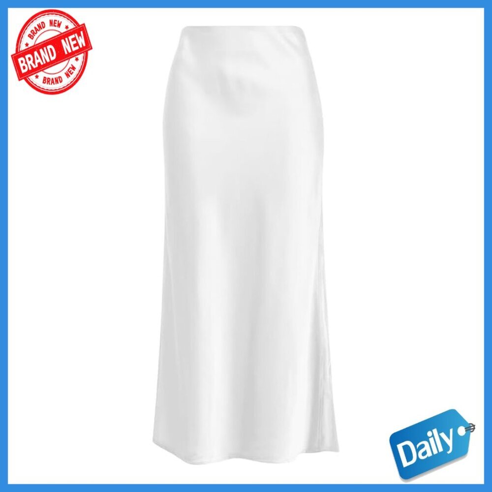 Satin Midi Skirt High Waist Hidden Elastic Waistband Long Skirt